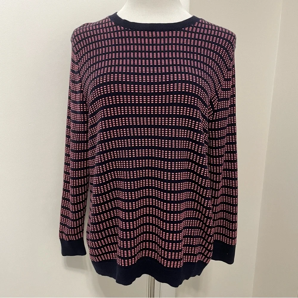 J. Crew Textured Crewneck Knit Sweater Navy & Pink 3/4 Length Sleeve Size XL